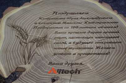 Лазер и частичная заливка краской на спиле фото №1 Гравировка по дереву - примеры наших работ